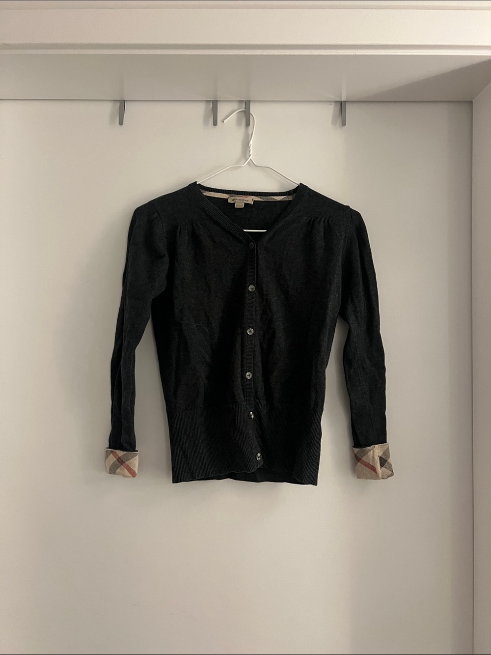 Burberry Black Button Cardigan with Signature Check Cuffs
